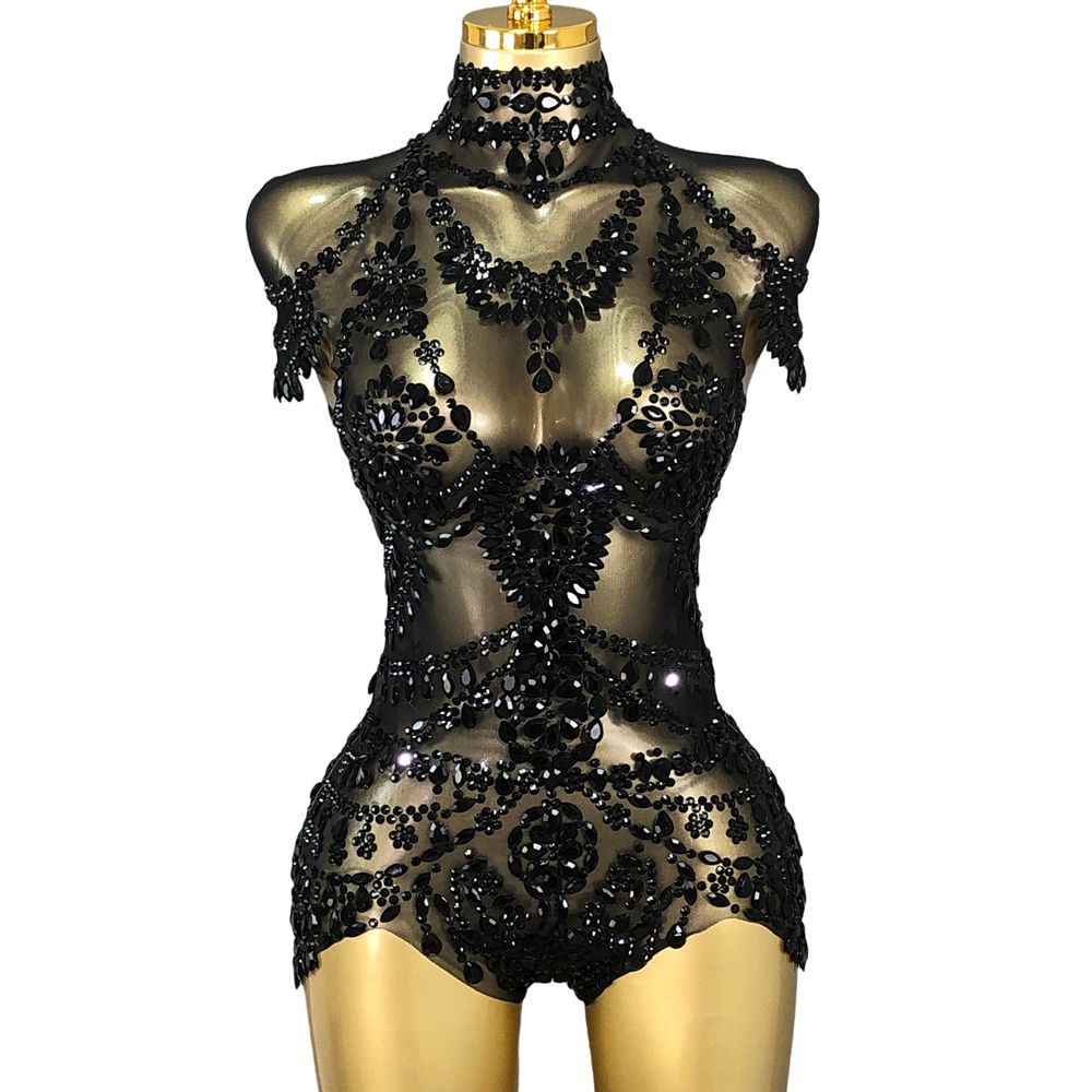 Rhinestone Banding Trim - Sparkly Rhinestones Bodysuit Women Sexy Mesh